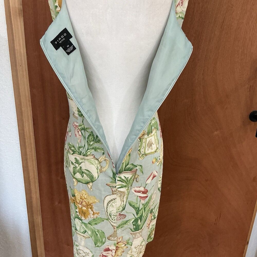 Virgo Chinoiserie Linen Sheath Dress Sz. 10P Beaded Grand Millennial 90’s Floral - Picture 6 of 16